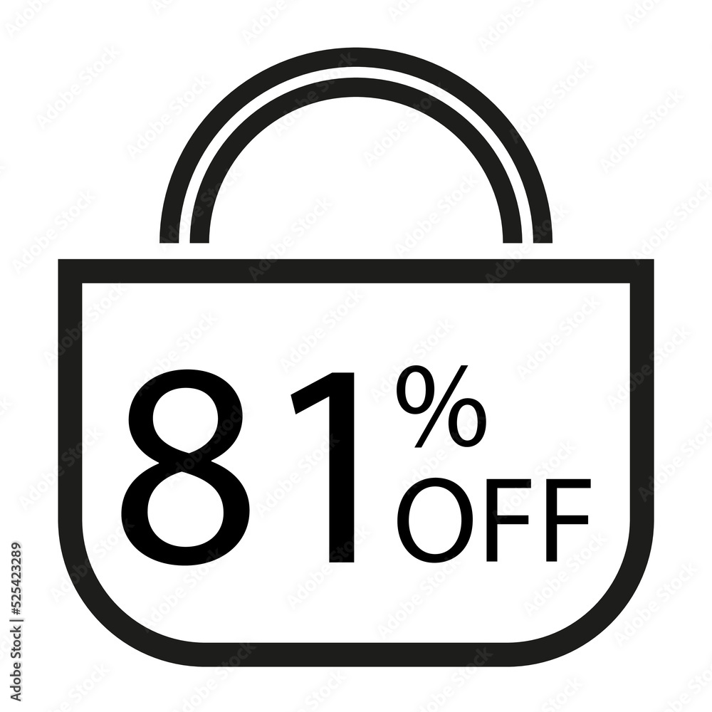 81 percent off. White banner with shopping bag illustration. 81 percent off. White banner with shopping bag illustration.