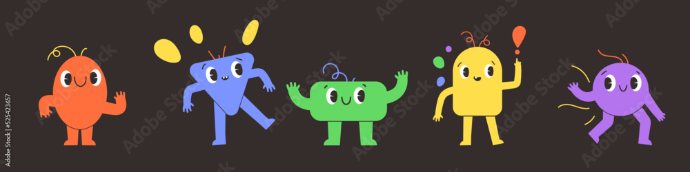 Fototapeta premium Set of Various bright basic Geometric Figures with face emotions. Cute funny characters. comic geometry figures for Kids. Flat vector illustration isolated on black background