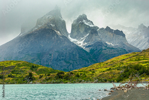 lake and Los Cuernos mountains, Torres del Paine, Chile