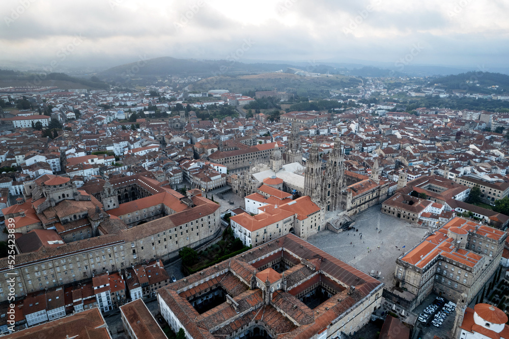 Aerial drone view of the Praza de Obraidoro in Santiago de Compostela, the monumental center of the Galicia community in Spain.