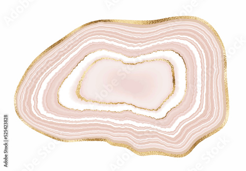 Agate crystal slice print design with mineral texture and gold border isolated on white background.