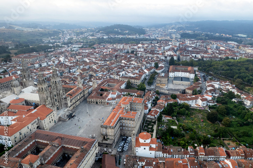 Aerial drone view of the Praza de Obraidoro in Santiago de Compostela, the monumental center of the Galicia community in Spain.