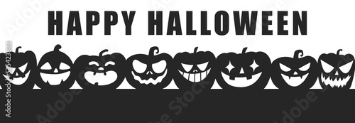 Happy Halloween pumpkin characters banner. Spooky jack pumpkin poster. pumpkin Horror Holiday Silhouette. Flat vector illustration isolated on white background
