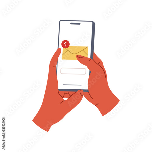 Hand holding phone and check email. Flat vector illustration isolated on black background