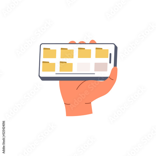 Hand holding phone and sorts documents into folders. Flat vector illustration isolated on black background