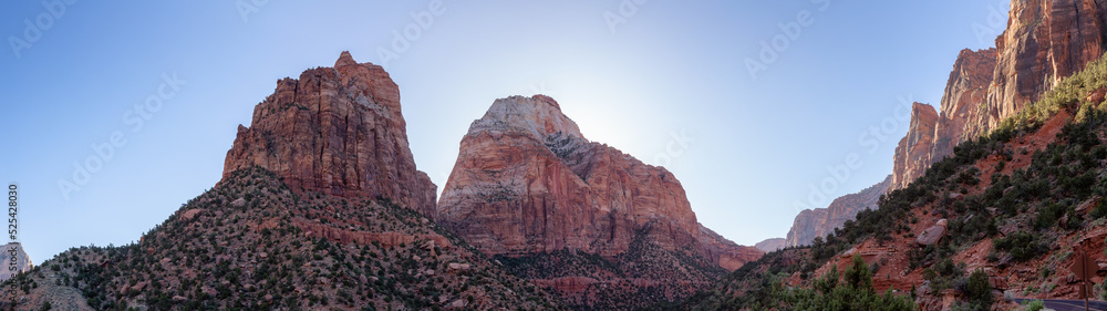 Panoramic View of American Mountain Landscape. Sunny Morning Sky. Zion National Park, Utah, United States of America. Nature Background Panorama