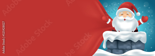 Merry christmas card of santa claus waving in a chimney in winter landscape on good night. 3D christmas greeting card. Christmas banner with copy space for text