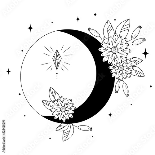 Vector illustrations with moon silhouette on white background, crystal, drawn mystical doodle design element, set of magic and sorcery in doodle style, Boho, doodle esoteric
