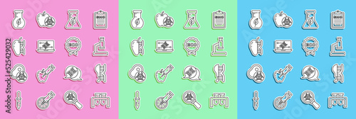 Set line Test tube and flask, Genetically modified chicken, Microscope, engineering modification, apple, and Label for eco healthy food icon. Vector
