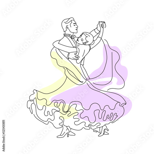 Ballroom dancers. Dancing couple. Professional. Ballroom dance Waltz. One line drawing. Hand drawn. Vector illustration.