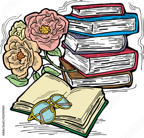Romantic decorative vector composition with books, flowers and glasses for poster print, book store logo, teachers day postcard. Back to school vintage style theme. Hand drawn illustration.