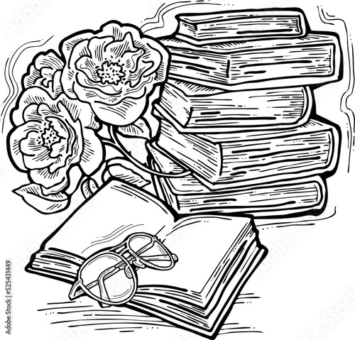 Romantic decorative vector composition with books, flowers and glasses for poster print, book store logo, teachers day postcard. Back to school vintage style theme. Hand drawn illustration.