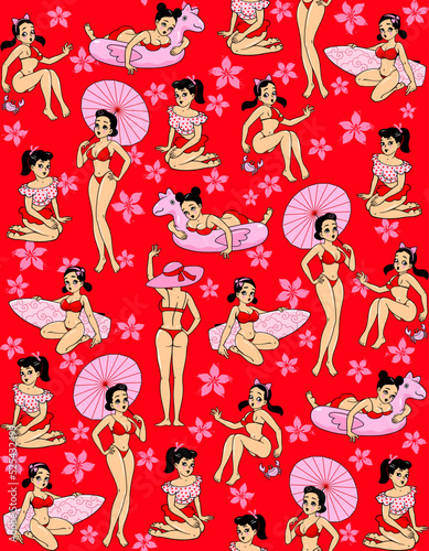 Seamless pattern with people, surfers carrying surfboards. Vector illustration for wrapping paper, fabric print, wallpaper.