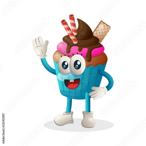 Cute cupcake mascot waving hand