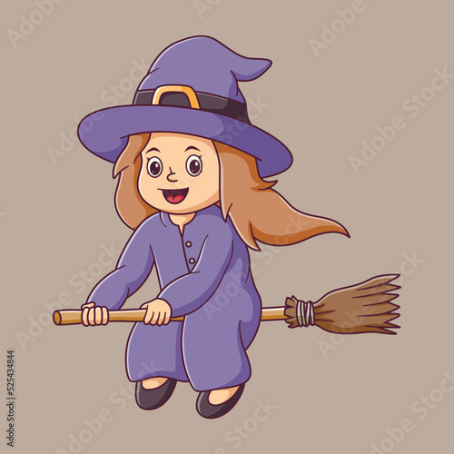 Cartoon Flying red witch riding a broom. Witch Mascot Cartoon Character. Halloween Icon Concept White Isolated. Flat Cartoon Style Suitable for Web Landing Page, Banner, Flyer, Sticker, Card