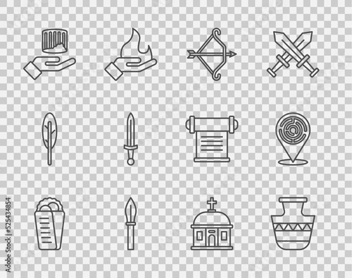 Set line Gyros Pita Greek, Ancient amphorae, Medieval bow with arrow, spear, column, sword, Santorini building and Minotaur labyrinth icon. Vector