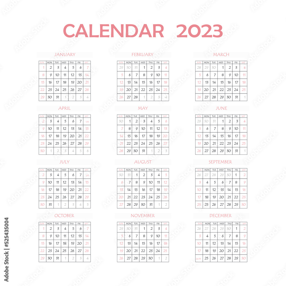 2023 Calendar Planner Corporate Week Template Layout 12 Months