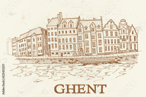 Vector sketch of embankment Graslei and medieval buildings. Former center of the medieval harbor. Ghent, Belgium.