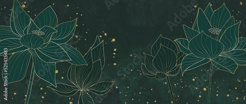 Dark art background with lotus flowers in golden line style. Hand drawn botanical banner for decoration design, wallpaper, packaging, print, textile, interior design, invitations.