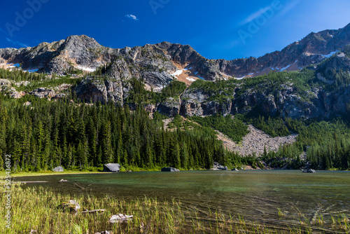 serene Cutthroat Lake in North cascade national park under a clear blue sky in Washington State.