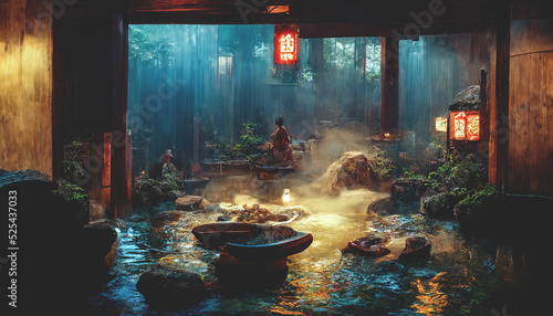 Fantasy Japanese landscape. Japanese hot springs, ancient architecture. 3D illustration.