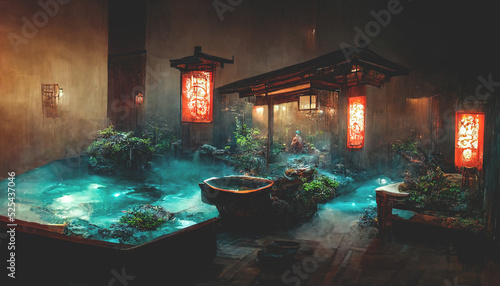 Fantasy Japanese landscape. Japanese hot springs  ancient architecture. 3D illustration.