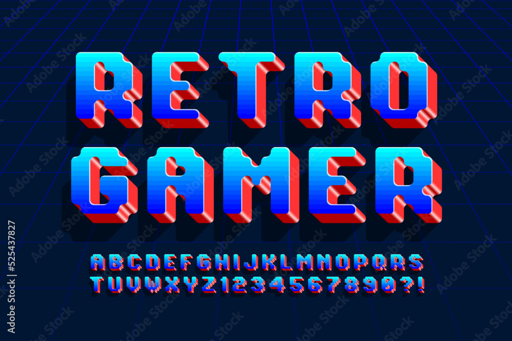 Pixel vector alphabet design, stylized like in 8-bit games. Pixel vector alphabet design, stylized like in 8-bit games.