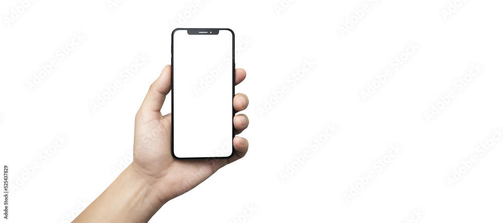 cell phone in hand on a transparent background PNG - easy modification - obrazy, fototapety, plakaty 
