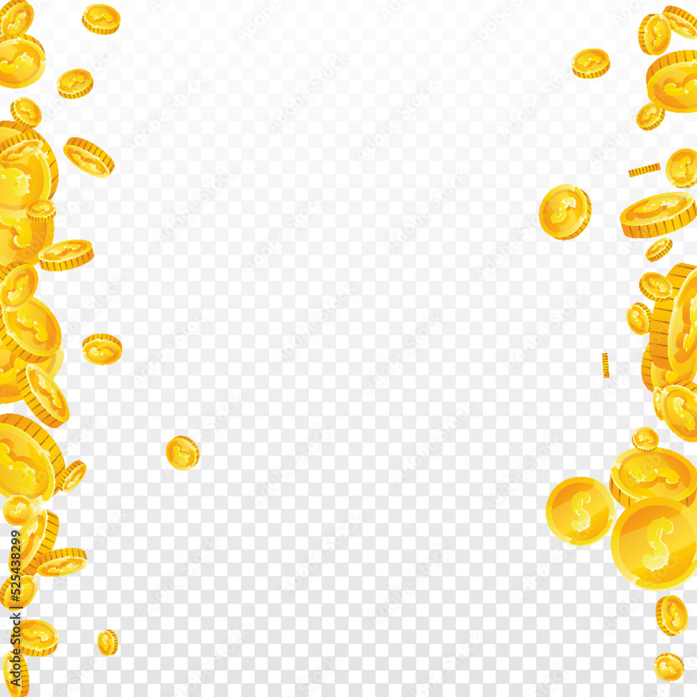 American dollar coins falling. Scattered gold USD American dollar coins falling. Scattered gold USD