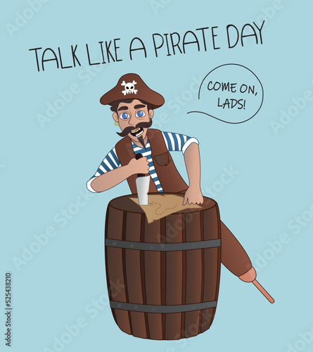 Pirate with knife and barrel on light blue background. Talk Like a Pirate Day