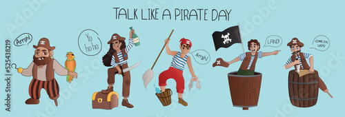 Set of pirates on light blue background. Talk Like a Pirate Day