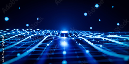3d rendering abstract defocused blue neon background with light trails and bokeh.