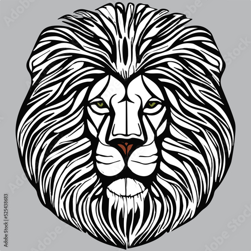Lion head with long mane. Vector line art.