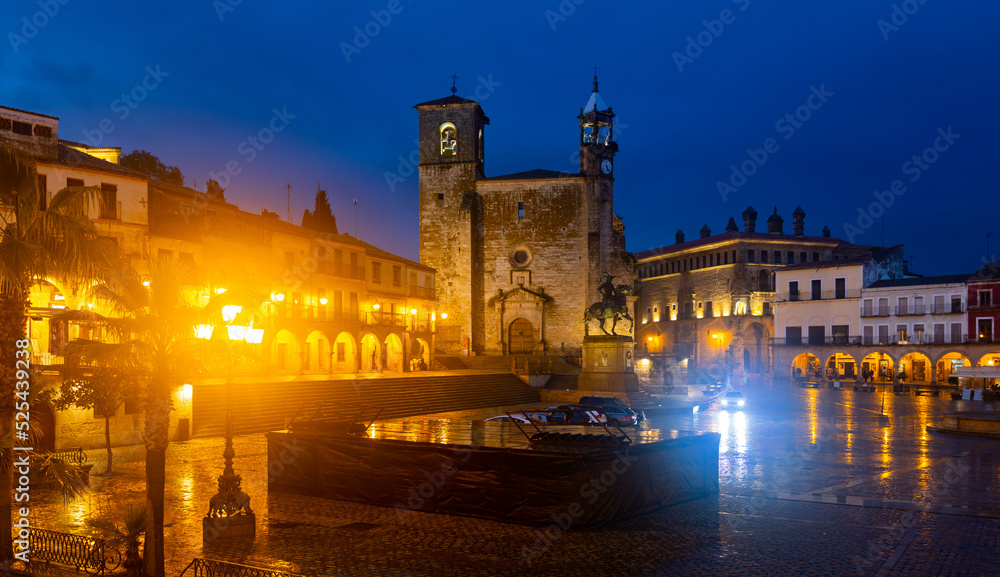 Central square of Trujillo, Plaza Mayor, at dusk. Province of Caceres, Spain.