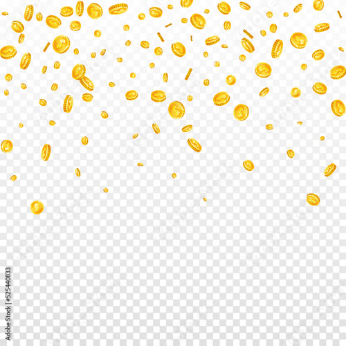 American dollar coins falling. Scattered gold USD