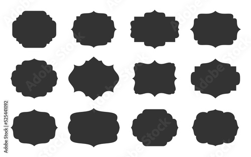 Black retro labels set. Different ornamental border. Decorative vintage royal flat frame. Elegant blank shape, tag stickers, template for certificate, menu, text badge, patch, craft scrapbook banner