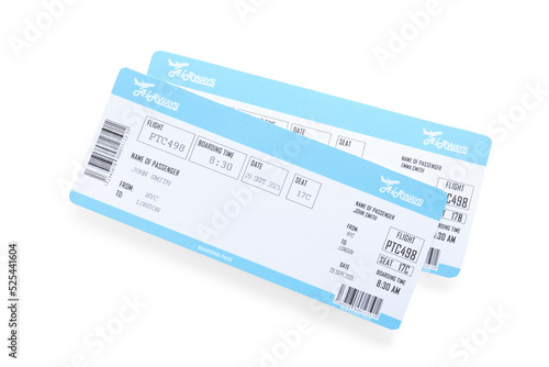 Tickets isolated on white, top view. Travel agency concept