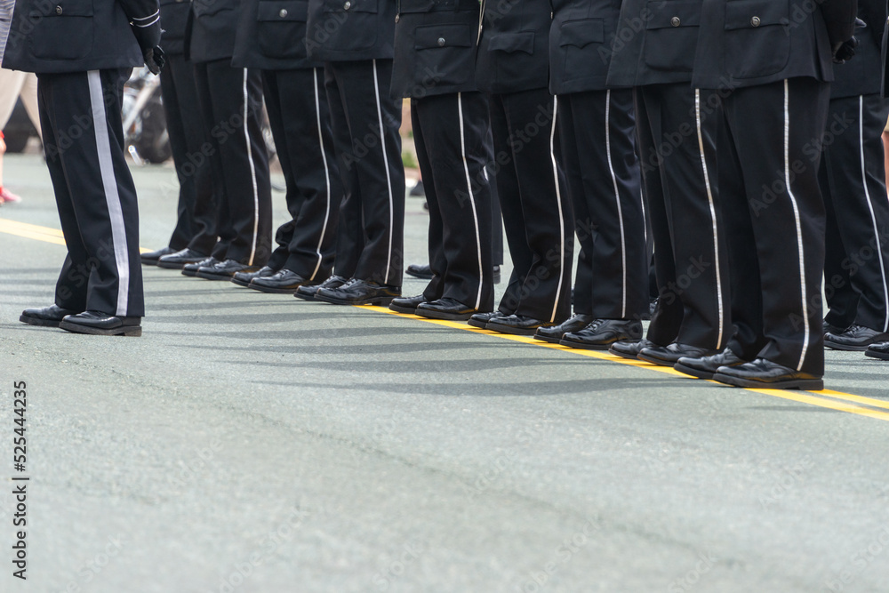 Fototapeta premium A group of men standing at attention in black suites on parade. The men are wearing military dress uniforms. The footwear is black shiny boots. The military soldiers are lined up in rows on pavement.