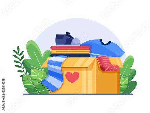 Clothes Donation Vector Illustration Concept.
Volunteering Donate Clothes To Help Other People.
Clothes put in the donation box.
Happy International day of Charity, 5 September.
Clothing Fundraising.