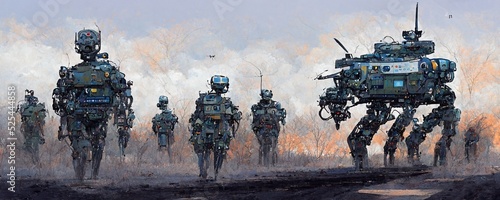 Robot AI army of the furture using military artificial intelligence AI enabled army with autonomous robot soldiers and weapon systems, conceptual illustration photo