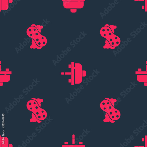 Set Sponge and Washbasin with water tap on seamless pattern. Vector