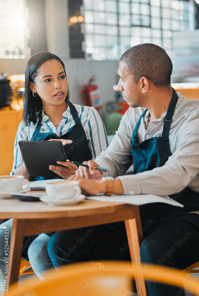 Startup, finance and coffee, cafe or small business owners at table with paperwork. Couple working on financial report and budget for restaurant. Accounting, fintech and monthly business loan payment Startup, finance and coffee, cafe or small business owners at table with paperwork. Couple working on financial report and budget for restaurant. Accounting, fintech and monthly business loan payment