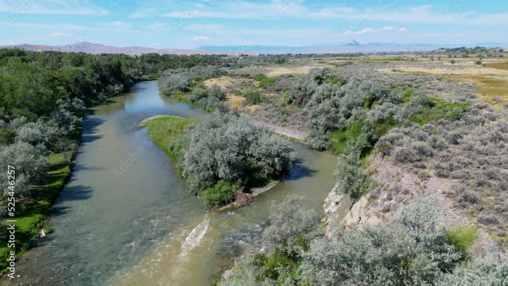 Drone Aerial sitting over Shoshone river in Powell and Cody Wyoming on sunny green day in 4k footage with heart mountain in background Drone Aerial sitting over Shoshone river in Powell and Cody Wyoming on sunny green day in 4k footage with heart mountain in background