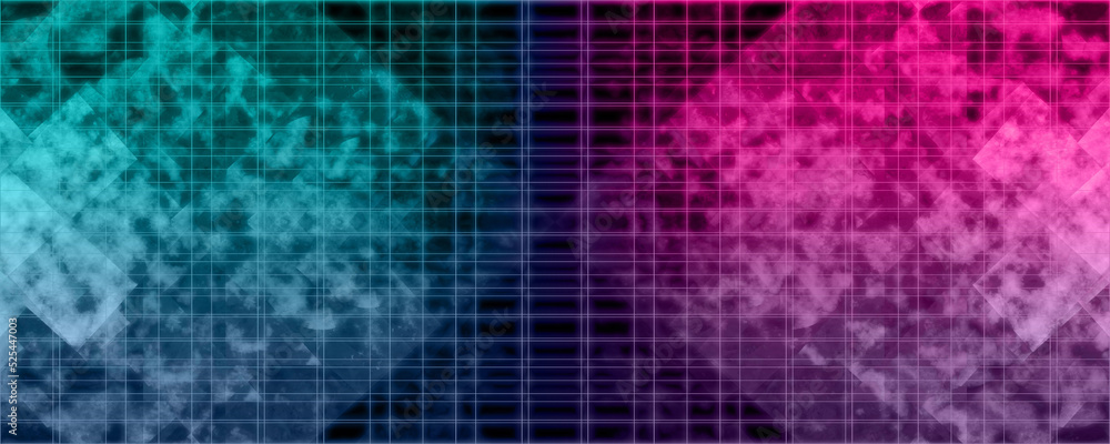 Abstract neon kaleidoscope pattern grid background image.