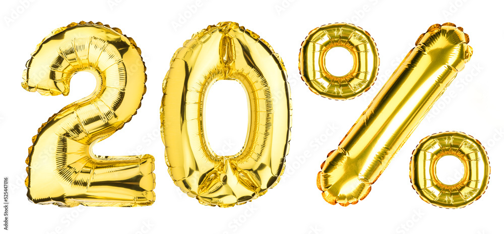 20 Twenty Percent % balloons. Sale, Clearance, discount. Yellow Gold foil helium  balloon. Word good for store, shop, shopping mall. English Alphabet  Letters. Isolated white background. Stock Photo | Adobe Stock