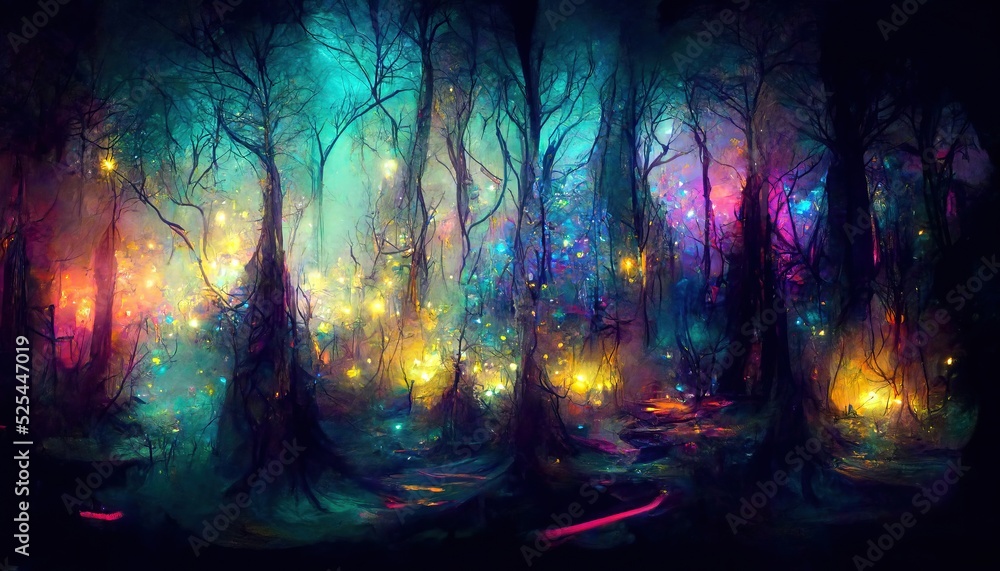 Magical fairy tale forest at night with glowing fairy fireflies lights making a mystical fantasy spooky landscape background - obrazy, fototapety, plakaty 