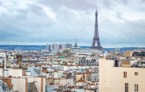 View of Paris France white building architecture and Eiffel Tower from the rooftop of Le Printemps