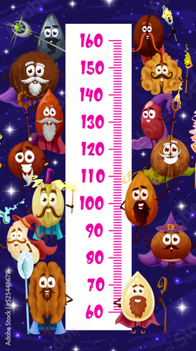 Kids height chart ruler with magician, wizard and sorcerer nuts. Vector coconut, sunflower or pumpkin seeds, almond, macadamia, cashew, pistachio and pecan, hazelnut, walnut, kidney and coffee beans