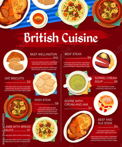 British cuisine food menu with vector restaurant dishes of meat vegetable Irish stew, beef Wellington and steak. Black tea with scones and oat biscuits, sorrel cream soup and lamb with bread sauce