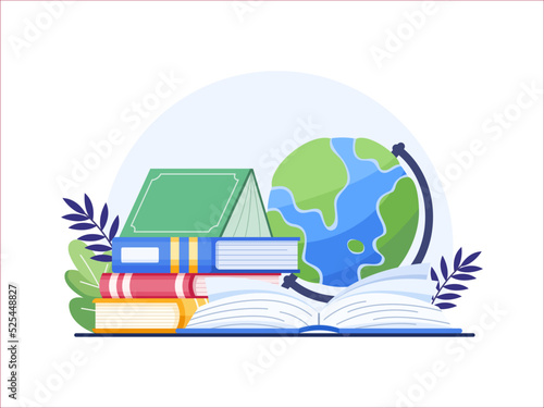 Literacy Day illustration vector.
Illustration of an open book and behind it is a pile of books and a globe.
Happy International Literacy Day, 8 September.
Suitable for banner, poster, web, flyer, etc